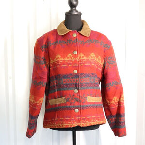 Woolrich Vintage Women's Wool Coat Suede Trim Size Small Aztec Red Blue Yellow